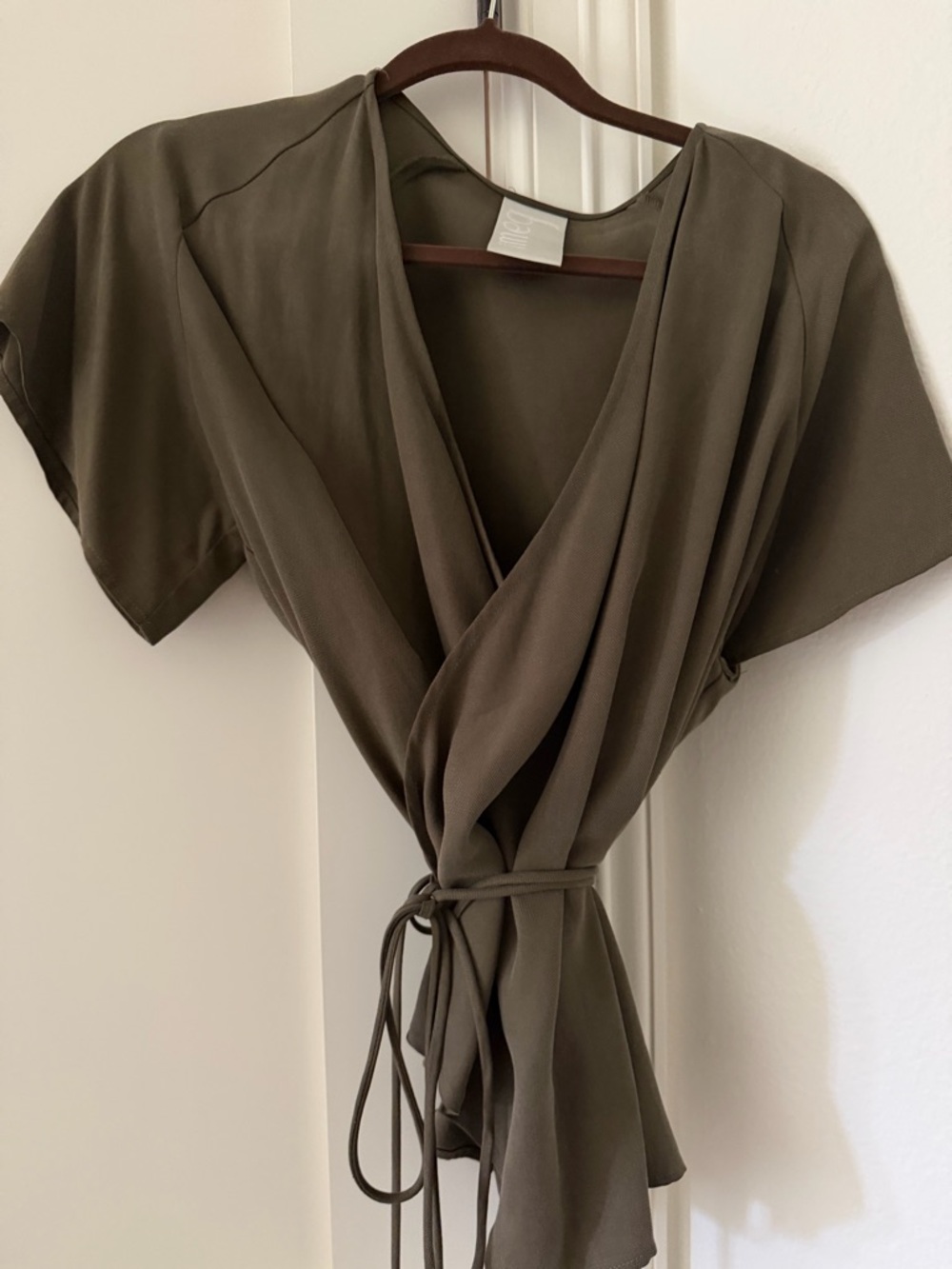 Olive Wrap Blouse with Tie Waist and Flutter Sleeves